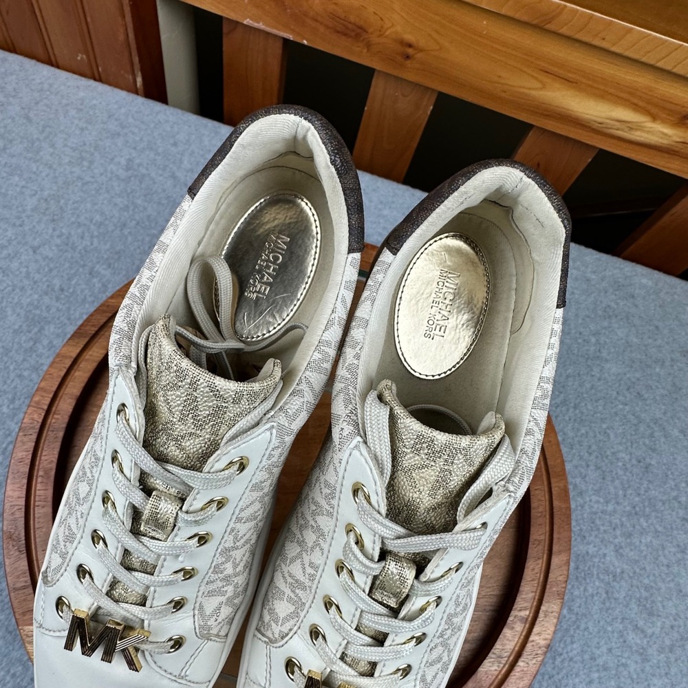 Michael Kors Poppy Platform Sneakers Cream Gold Logo Lace Up Shoes Women 8.5 - Picture 7 of 10